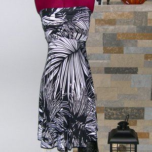 Cache S Black White Strapless Dress Leaf Pattern